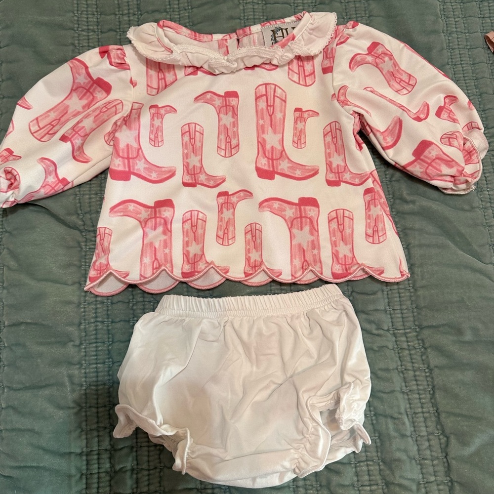 Pink Cowboy Boot Print Top & White Bloomer Set - Kids Matching Set